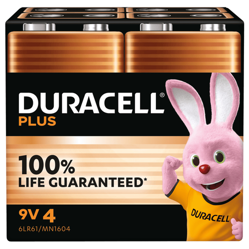 Duracell Plus 9V (4 Stück): Alkaline-Blockbatterien 6LR61 für Rauchmelder & Co.